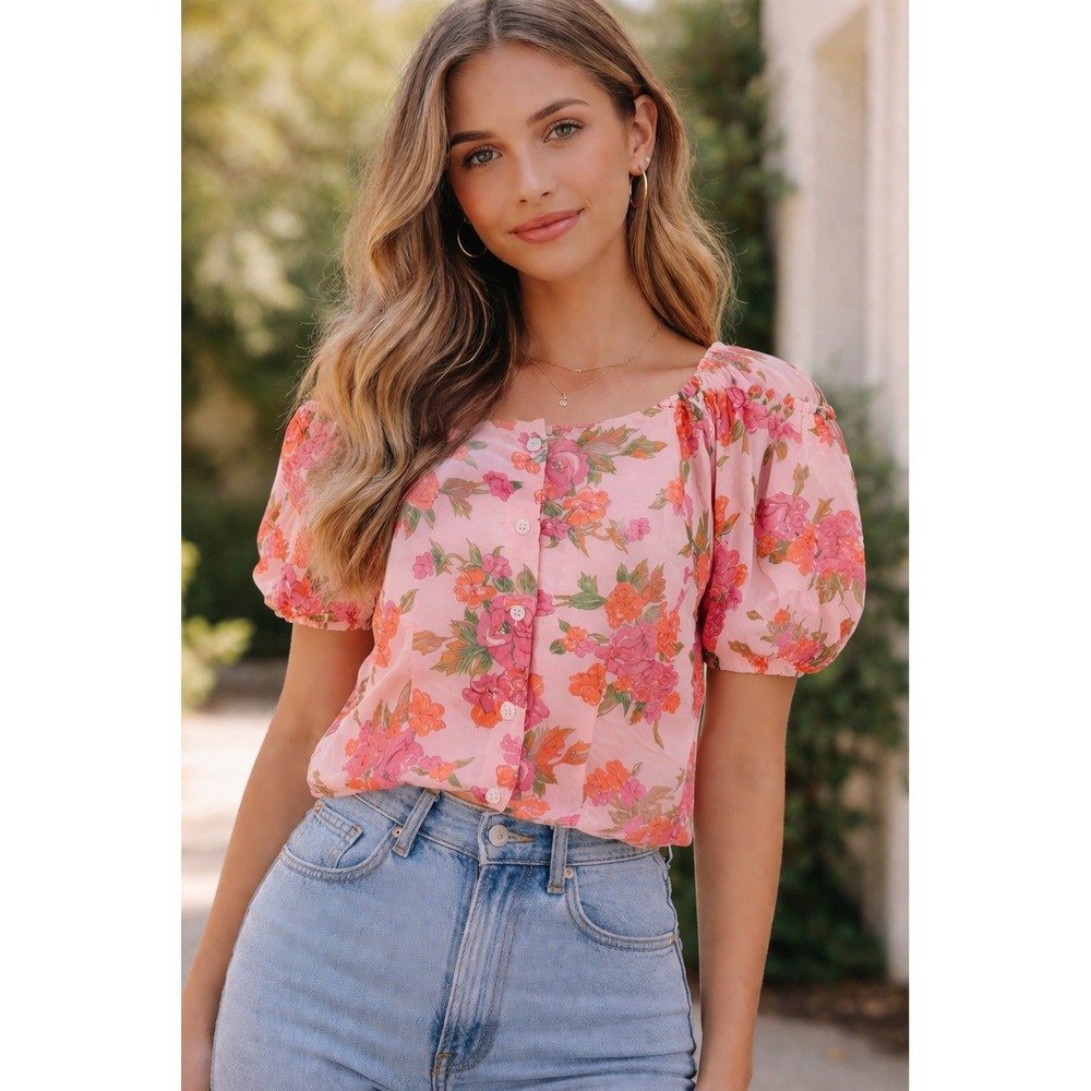 Vtg Pink Floral Puff Sleeve Button Up Top Women XL Cottagecore 90's Fairy Whimsy